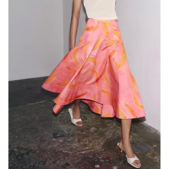 Zara Dresses & Skirts - ZARA Pink Banana Print High Low Midi Skirt 3188/153 XS New With Tags